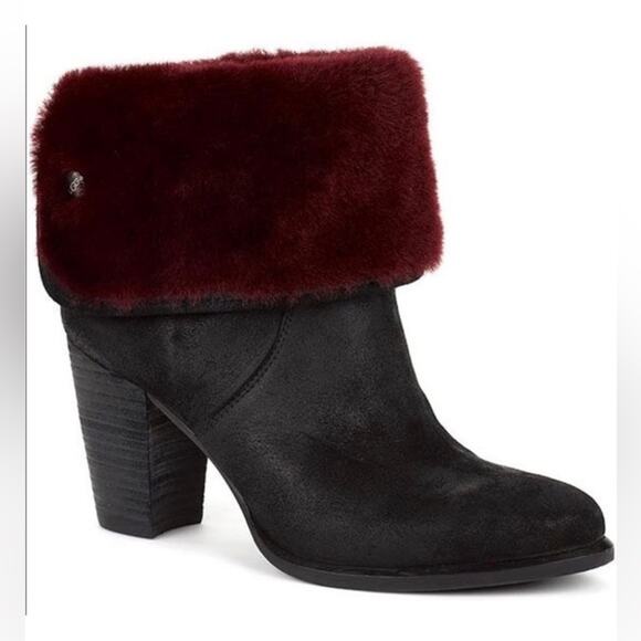 UGG Layna Shearling Lined Foldable Cuff Black Nubuck Heeled Leather Boot 7.5 - Picture 1 of 14